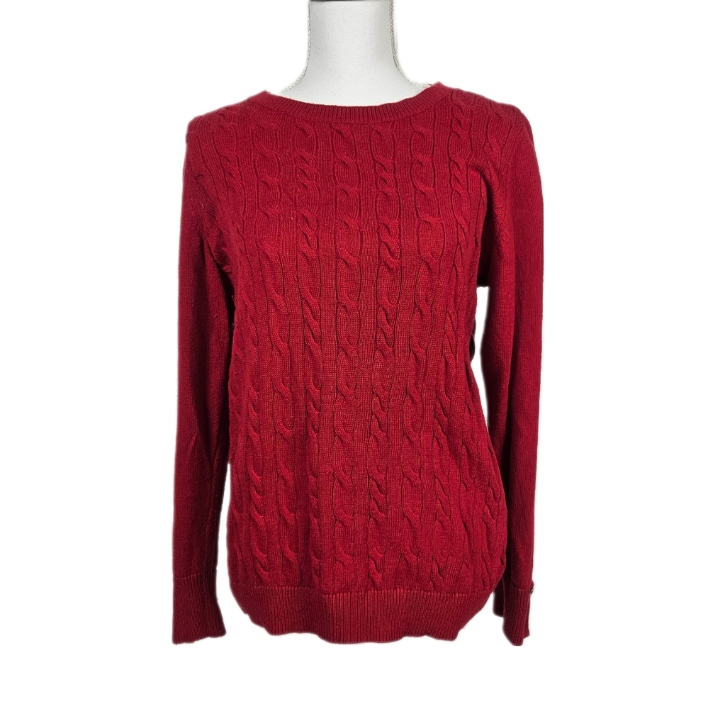 Talbots Cable Knit Sweater Red Button Sleeve Detail Holiday Festive Womens Xl